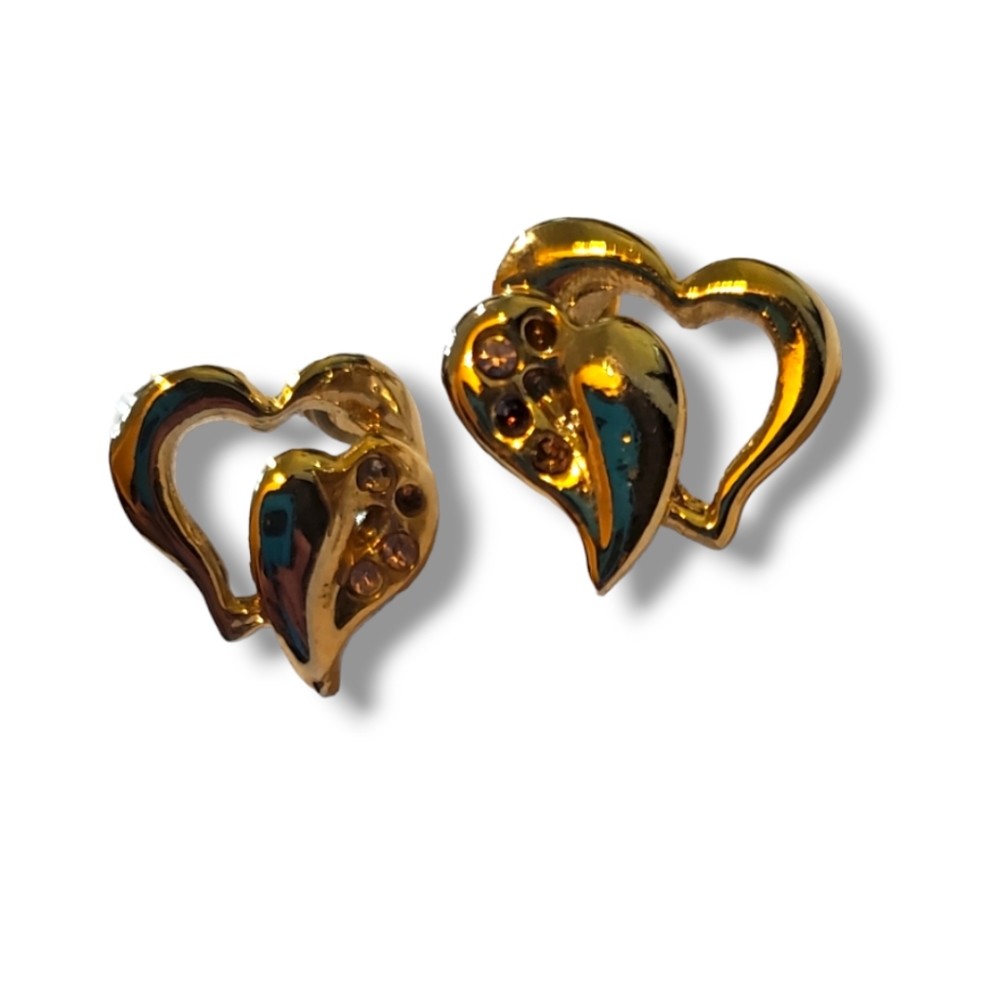 Vintage Gold Double Heart Earrings Jewelry Studded Back